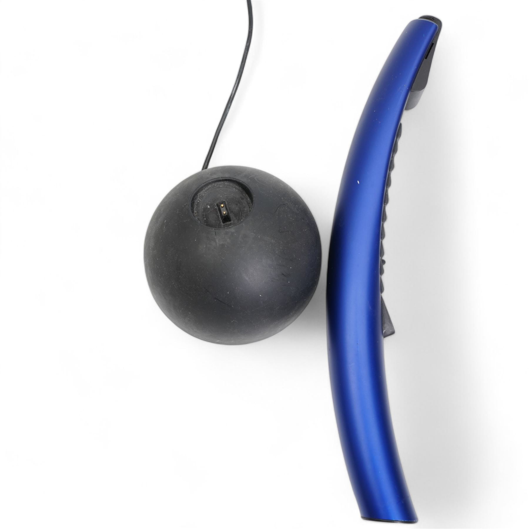 Bang and Olufsen BeoCom 2 cordless phone, blue handset and black table charger, H32.5cm