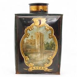 Pair of Victorian toleware shop display tea canisters and covers, numbered 1 & 2 and labelled 'Assam' and 'Green', each of rectangular section, painted with a castle and fort, within a gilt cartouche on black ground, H42cm 