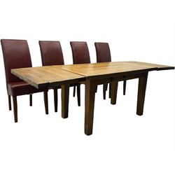 Oak dining table, rectangular plank with two extension leaves at each end, central drawer with brass handle, supported by square legs (L131cm - 233cm, D80cm, H76cm); four high-back dining chairs, the chairs upholstered in dark brown leatherette with stitched detailing, on square tapering legs (H108cm)