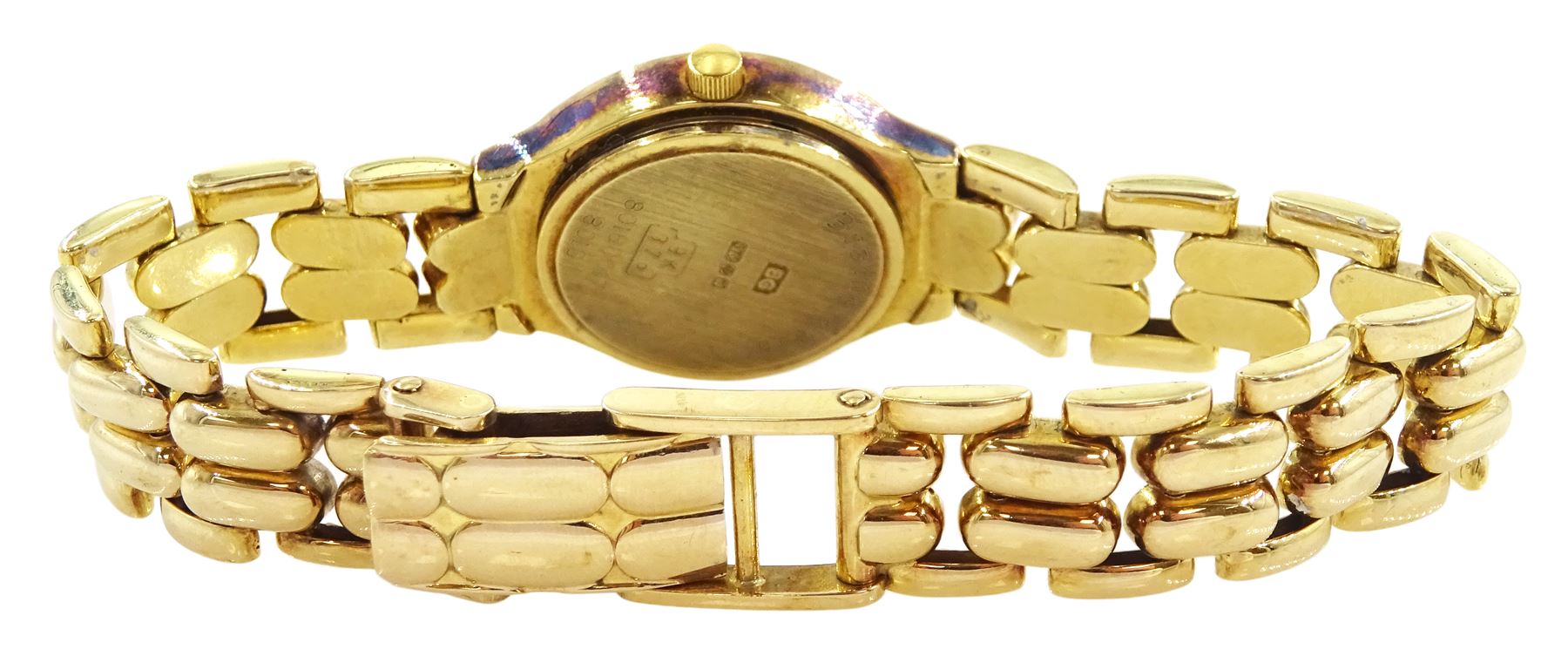 Bueche Girod ladies 9ct gold quartz wristwatch, with integral 9ct gold bracelet, London import mark 1993