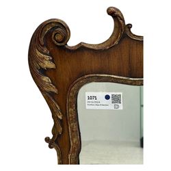 Georgian design walnut and parcel gilt fretwork wall mirror (76cm x 73cm); Chippendale design mahogany fretwork wall mirror, carved with Ho-Ho bird pediment (54cm x 93cm)