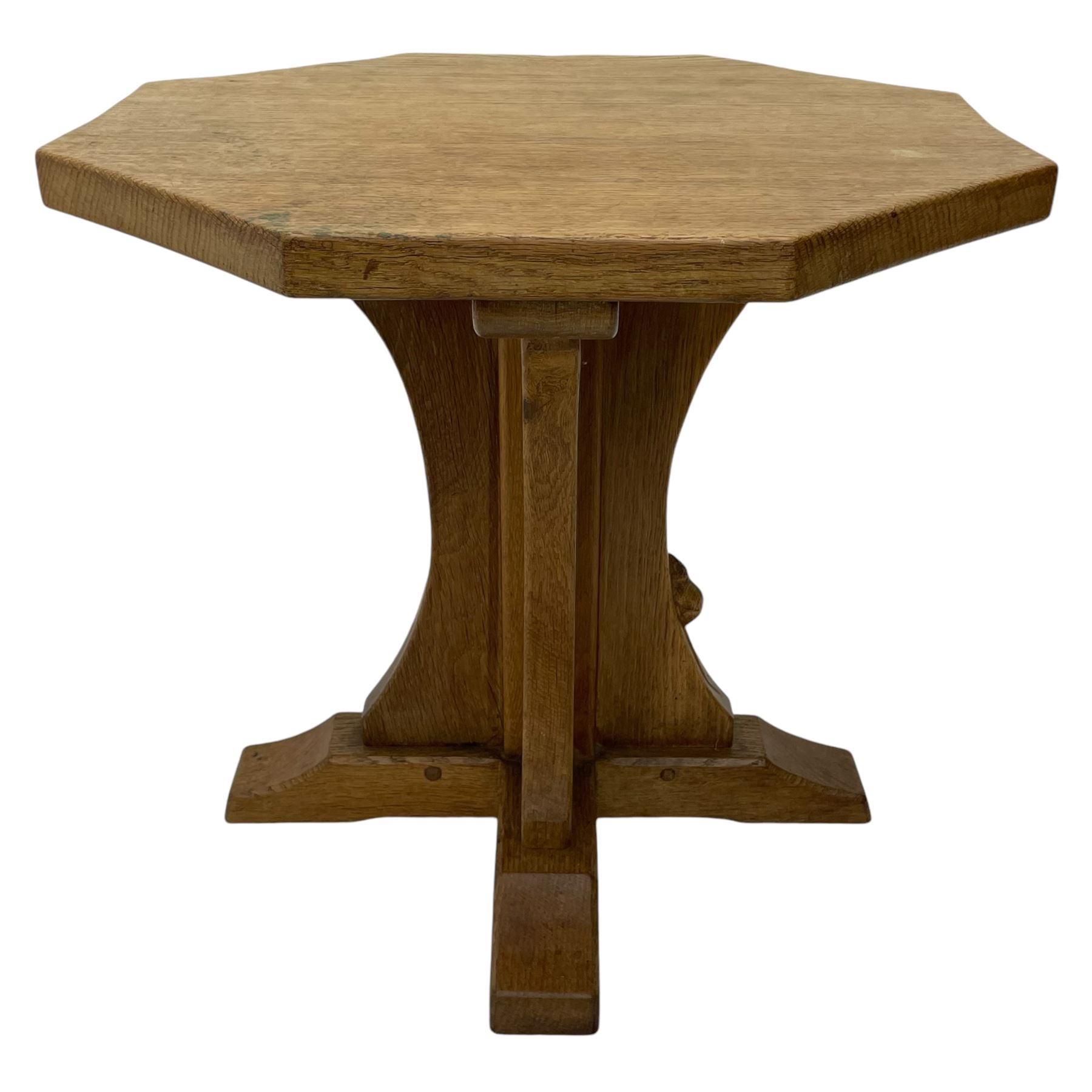 Mouseman - oak occasional table, octagonal adzed top, cruciform pedestal on sledge feet, carved with mouse signature, by the workshop of Robert Thompson, Kilburn 