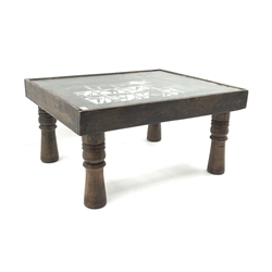  Hardwood coffee table with ironwork inset and glass top, 85cm x 73cm, H44cm  