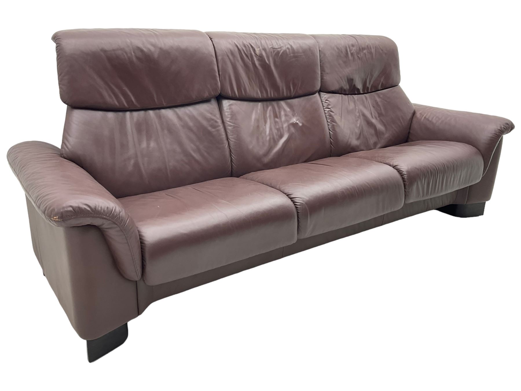 Ekornes Stressless - three-seat sofa upholstered in chocolate brown leather, with high backrests, cushioned headrests, and manual reclining mechanism (L248cm, D84cm, H102cm); with matching two-seat sofa (L184cm, D84cm, H102cm)