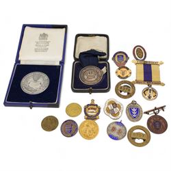 Medallions, fobs and badges relating to Hull including 'Hull Photographic Society' hallmarked silver medallion and 'Victoria College of Music Awarded to Gladys M Rial for Theory of Music Hull 1933' hallmarked silver medallion, both cased, two silver fobs, Hull City A.F.C. badge etc