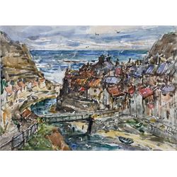 Rowland Henry Hill (Staithes Group 1873-1952): Staithes Beck and Village, watercolour signed and dated 1943, 21cm x 30cm