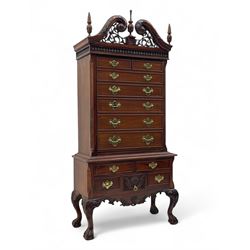 Early 20th century miniature mahogany Chippendale-design tallboy, scrolling swan-neck pedi...