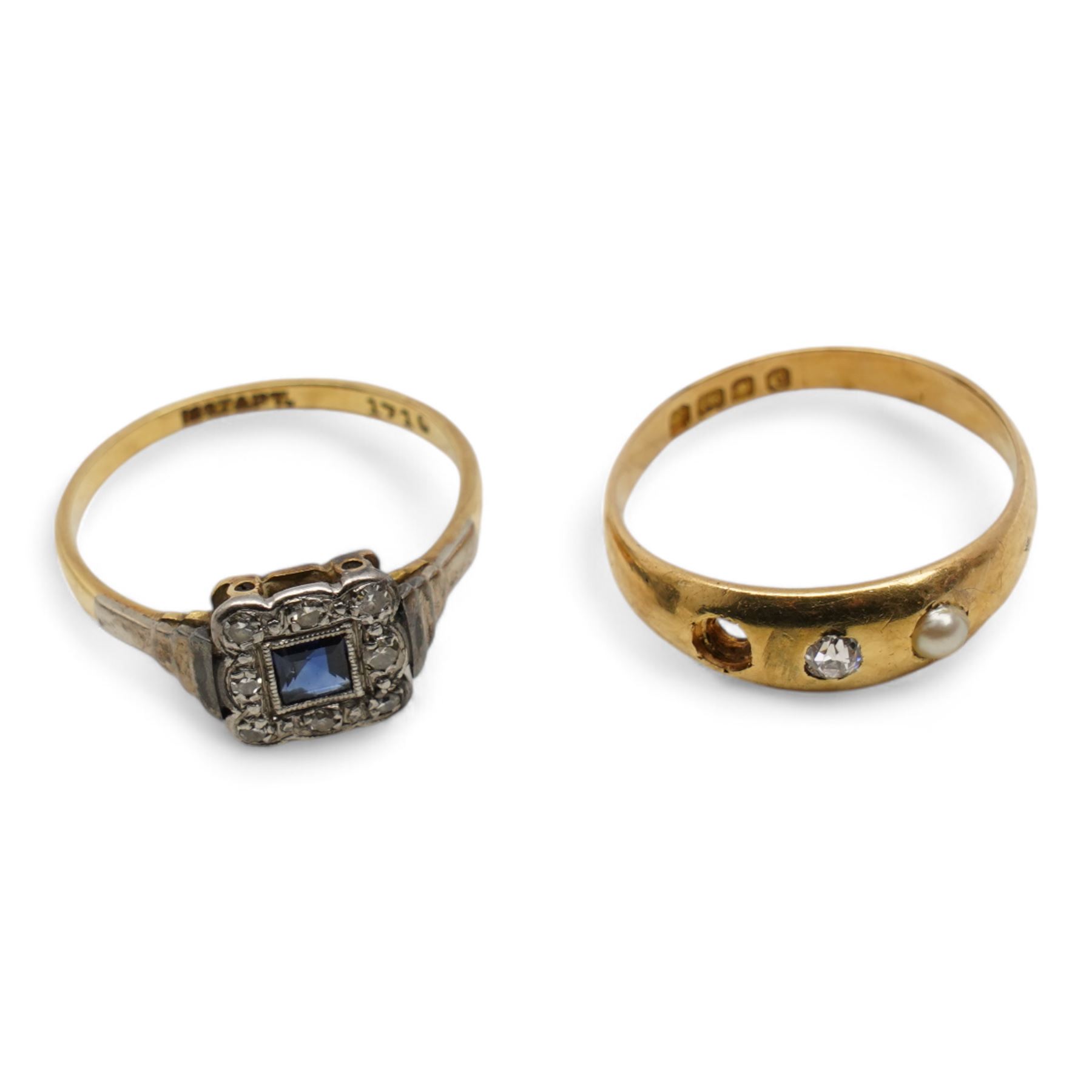 Square cut sapphire and round cut diamond cluster ring, stamped 18ct and a 18ct gold three stone old cut diamond and pearl ring (2)