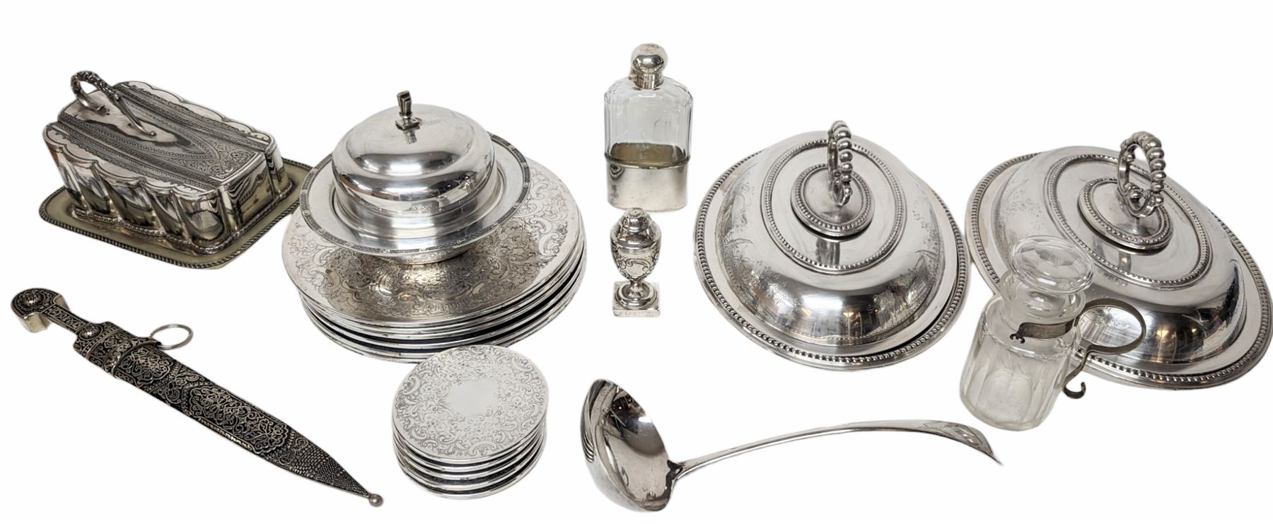 Glass hip flask, with silver cap/collar and plated cup and a silver topped pepper shaker, together with silver plated items including place mats, coasters, serving dishes, etc