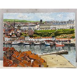 Peter Lapish (British 1937-): 'Fish Pier and West Town Whitby', acrylic on paper signed, titled verso 27cm x 37cm