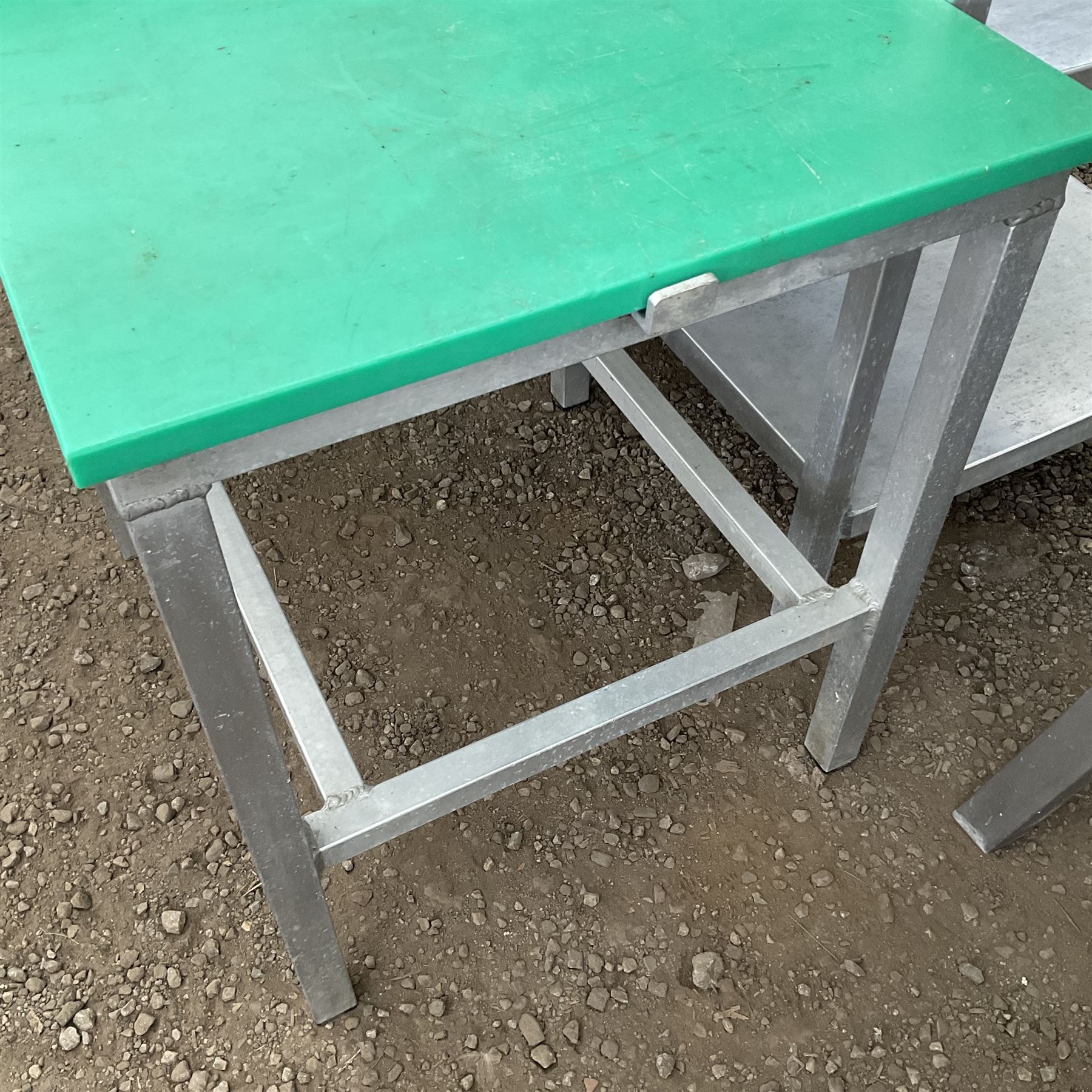 Aluminium framed two height tiered preparation table with poly top - THIS LOT IS TO BE COLLECTED BY APPOINTMENT FROM DUGGLEBY STORAGE, GREAT HILL, EASTFIELD, SCARBOROUGH, YO11 3TX