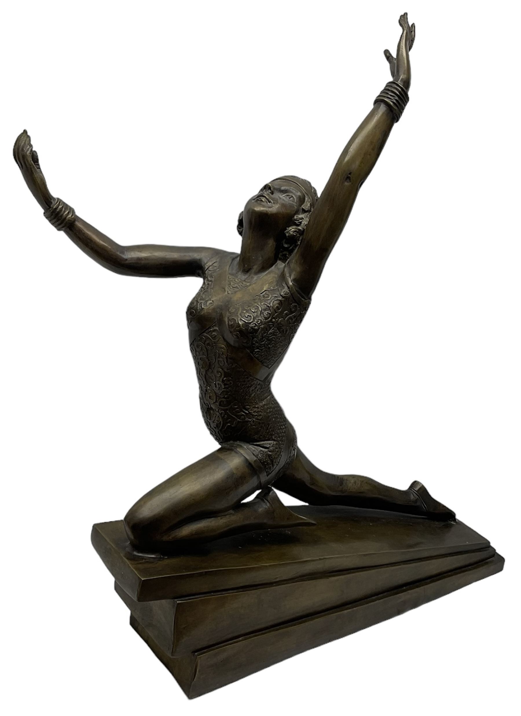 Large bronzed Art Deco style figure of a dancer, on stepped base, H71cm