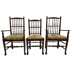 Set of six (4+2) 20th century oak spindle back dining chairs, with upholstered drop-on seat cushions, turned supports joined by turned stretchers