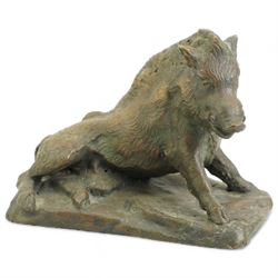 After Alphonse Giroux, patinated bronze inkstand, in the form of an Arab, with hinged headdress, H11cm together with a patinated bronze model of a recumbent boar, L13cm (2)