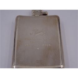 Modern silver hip flask, of typical form with hinged cap, the body with personal engraving, hallmarked Carr's of Sheffield Ltd, Sheffield 2005, H12.5cm