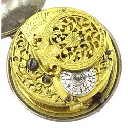 18th / early 19th century silver pair cased verge fusee pocket watch by Francis Green, London, pierced and engraved balance cock, silver champleve dial with gilt border, Roman hours and outer Arabic minute ring, dial signed Green London