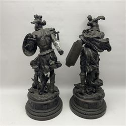 Pair spelter warriors, both with shields with a naturalistic ground and a plinth with relief decoration, H51cm