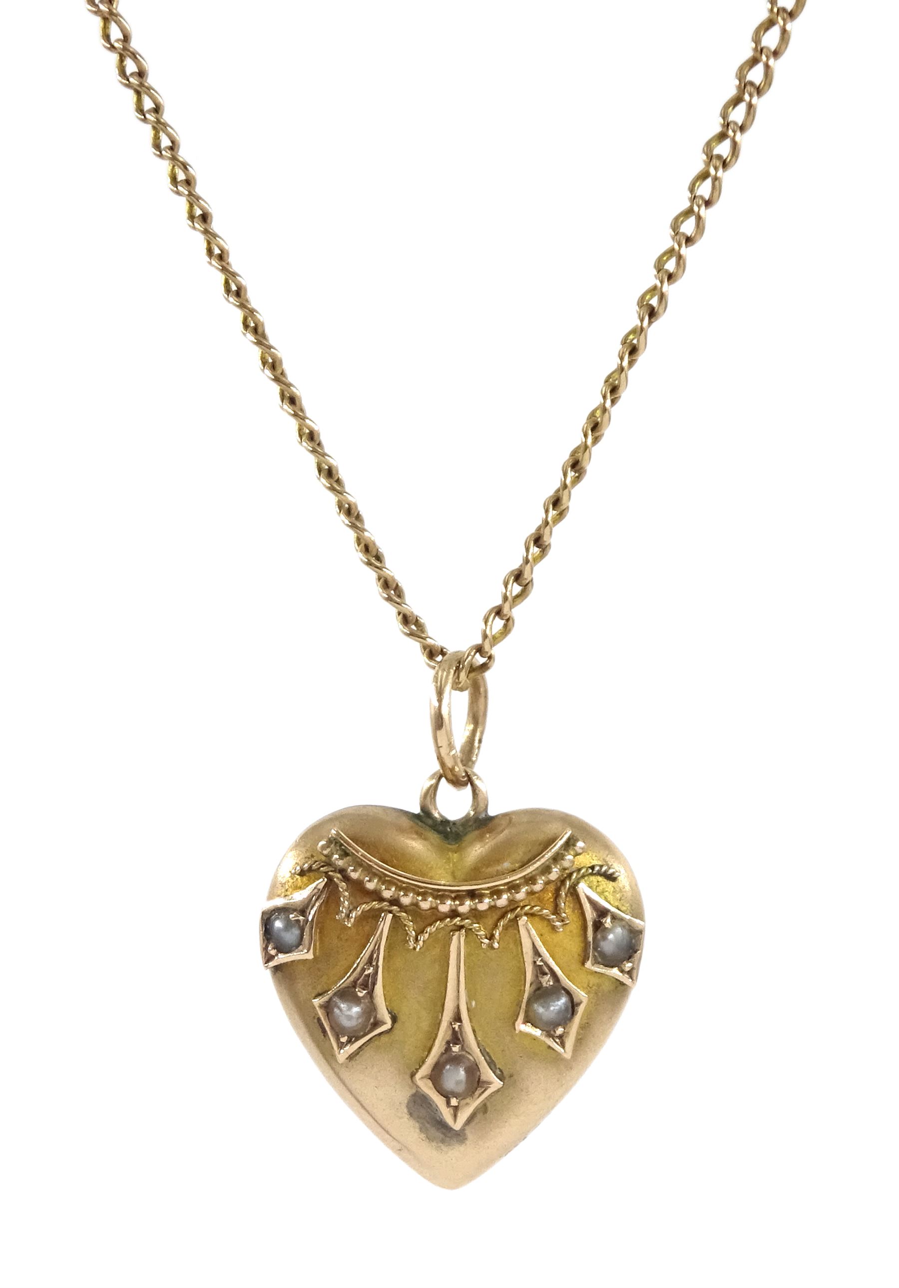 Early 20th century 9ct gold seed pearl and applied wirework heart pendant, on 10ct gold chain necklace