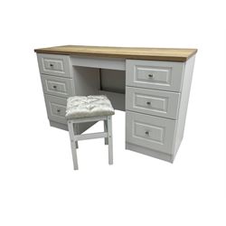 Oak and white finish twin pedestal dressing table or desk, fitted with six drawers and with stool