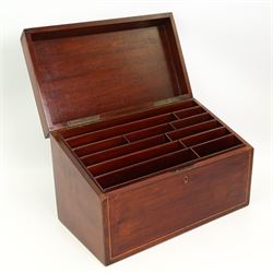 19th century Mahogany stationery box inlaid with boxwood stringing, the hinged sloping lid inset with a brass plaque engraved with initial 'R', divided interior with Sothebys lot label 'November 1991' W39cm