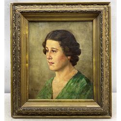 Hendrikus Johannes van den Langen (Dutch 1874-1964): Lady in Green - Bust Portrait, oil on canvas signed 29cm x 23cxm 