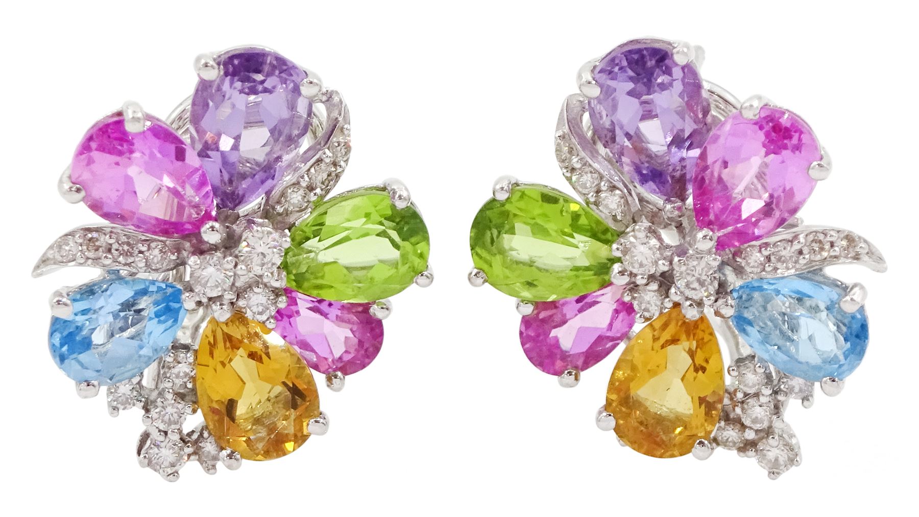 Pair of 18ct white gold multi gemstone set flower design earrings, round brilliant cut diamond, with pear cut pink sapphire, peridot, citrine, blue topaz and amethyst petals, total diamond weight 0.46 carat