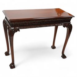 Georgian design mahogany console or side table, moulded rectangular top over palmette carv...