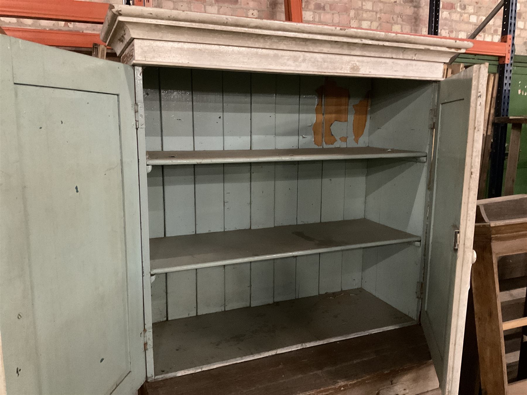 Victorian scumbled and painted pine cupboard, projecting cornice over two panelled doors with moulded slips, fitted with two shelves - THIS LOT IS TO BE COLLECTED BY APPOINTMENT FROM THE OLD BUFFER DEPOT, MELBOURNE PLACE, SOWERBY, THIRSK, YO7 1QY