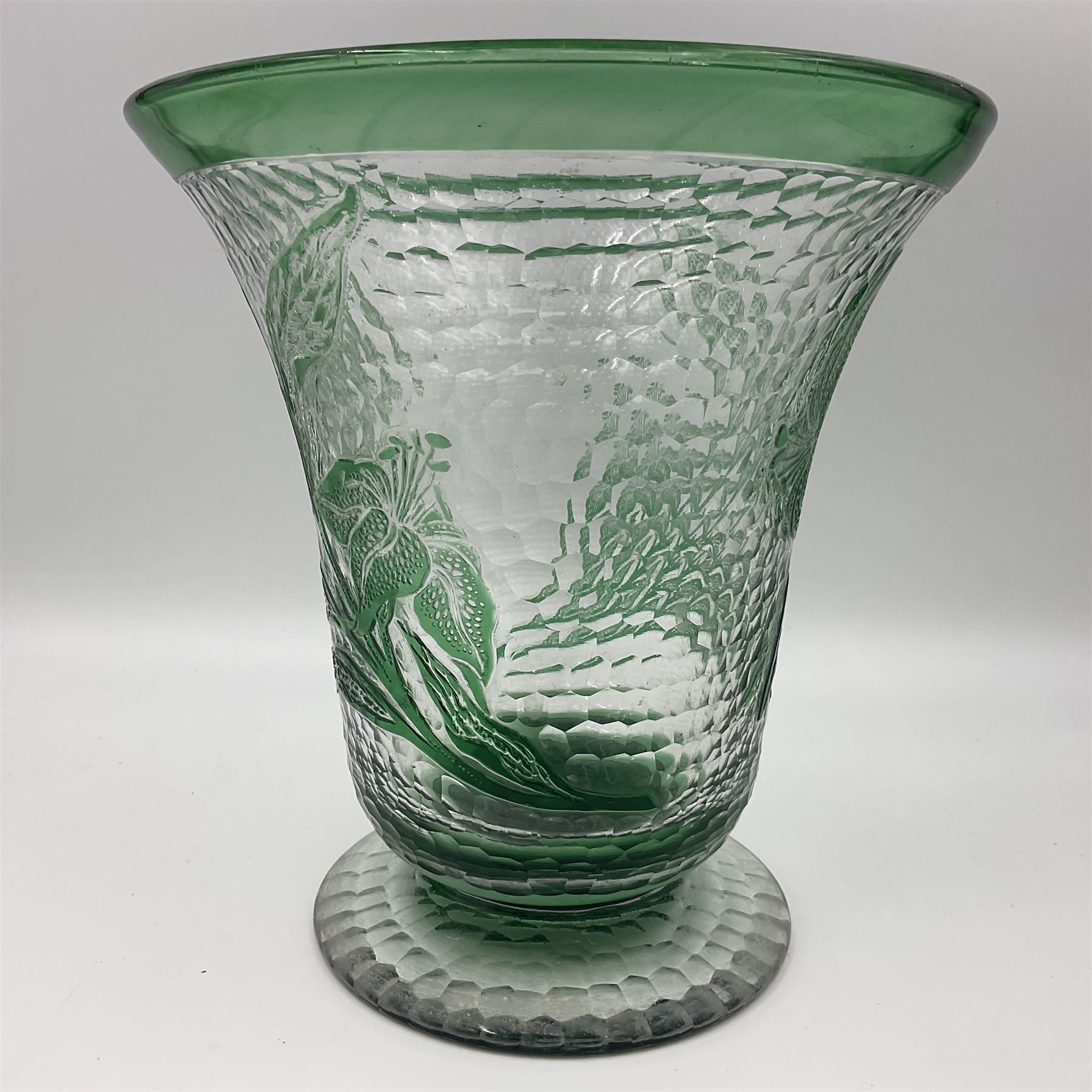 1930s Richardsons Cameo Rich vase of footed bell form, with green cut lilies over a planished effect ground below plain border, 20cm