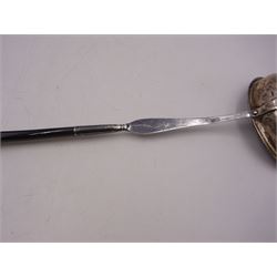 George III silver toddy ladle, the oval bowl set with a coin, with baleen twist handle, L40cm