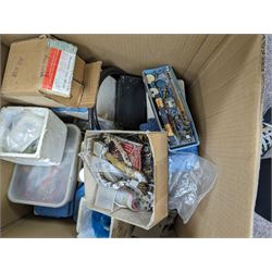 Large collection of radio parts, camera and electrical equipment and similar, together with other electrical parts, etc in five boxes 