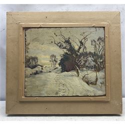 English School (Early 20th Century): Lilacs and Daffodils, oil on panel unsigned, with Winter Landscape oil verso 32cm x 26cm 
