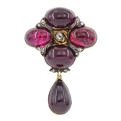 19th century gold foiled back cabochon garnet and diamond brooch, four oval garnets spaced...