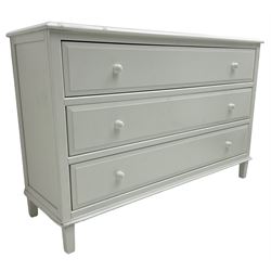 Contemporary wide white painted straight-front chest, fitted with three drawers