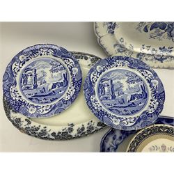 Quantity of blue and white ceramics to include Spode Italian pattern plates, Johnson Brothers Staffordshire 'Hearts & Flowers' plate, and four meat plates, largest L50cm