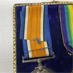 WWI pair of medals comprising British War Medal and Victory Medal awarded to 12-1379 Pte. H. Marshall York and Lanc. R.; both with ribbons in display case; and WWII 1939-1945 Star