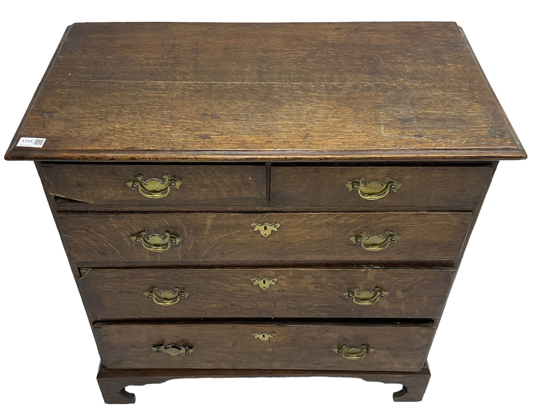 George III oak chest, moulded rectangular top over two short and three long graduating drawers, raised on bracket feet