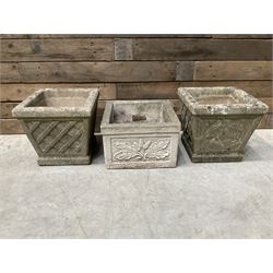 Pair of square cast stone planters, single planter with leaf decoration and a rectangular brick effect planter (4)