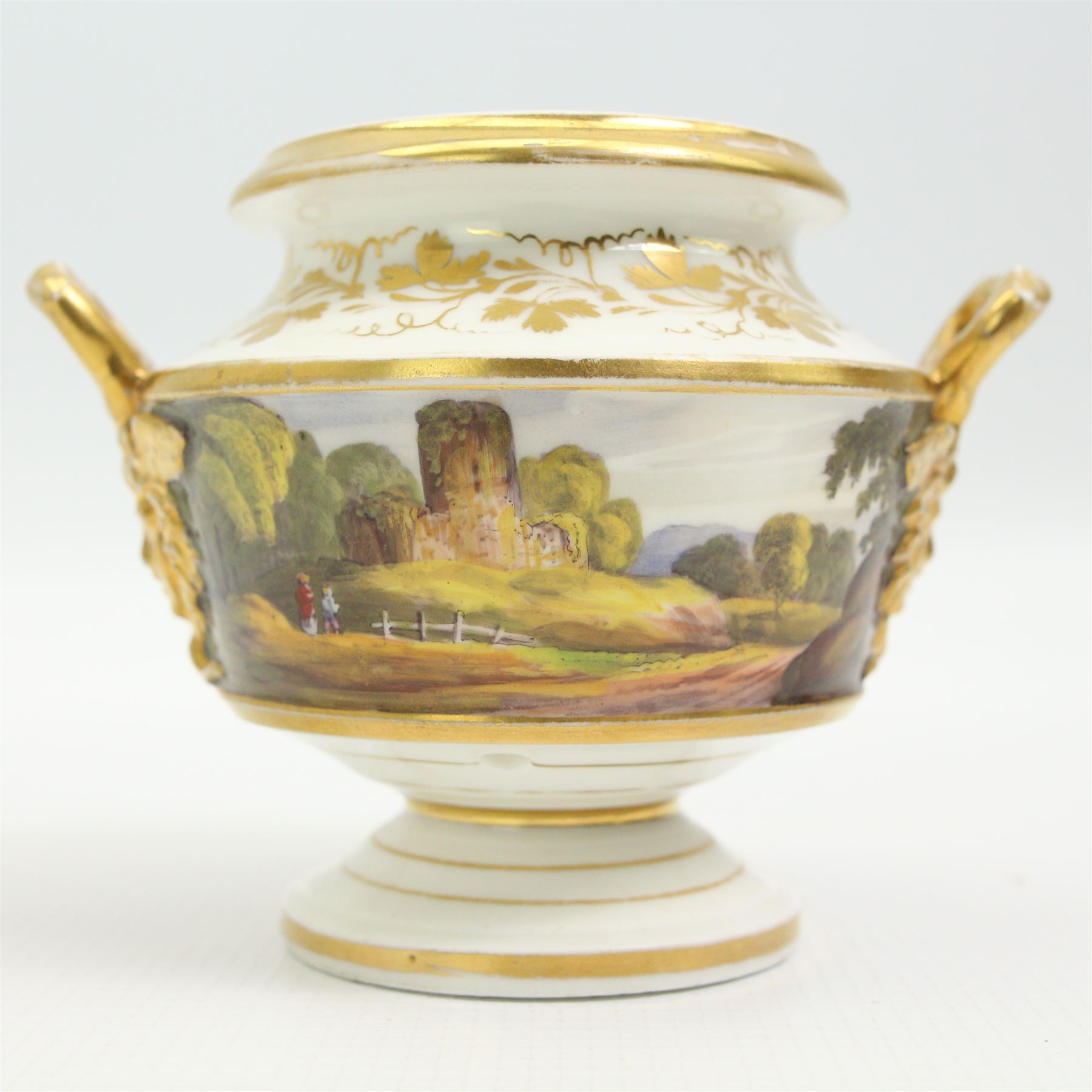 19th century Grainger Lee & Co. Worcester porcelain vase, hand painted with a view of 'Roslin Castle' within a gilt border, having twin scroll handles, marbled interior and square base, H25cm, together with a 19th century pot pourri base, hand painted with a continuous landscape scene, possibly Chamberlain Worcester, H9cm (2)