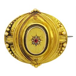Victorian gold Etruscan revival brooch with bead and rope twist decoration and glazed panel to reverse