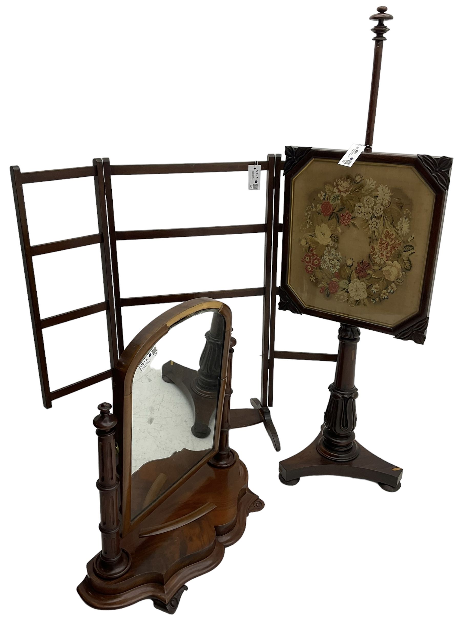 Victorian rosewood pole screen (H146cm); Victorian mahogany dressing table mirror (H75cm); 20th century mahogany folding clothes horse or towel rail (3)