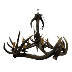 Deer antler chandelier, of circular shaped form, with nine fitted lights, D84cm, H65cm