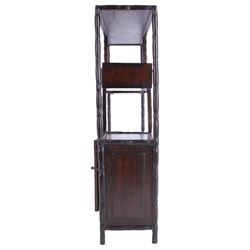 Chinese hardwood multi tier scholars display stand, with built in cabinet and draw, H48cm 