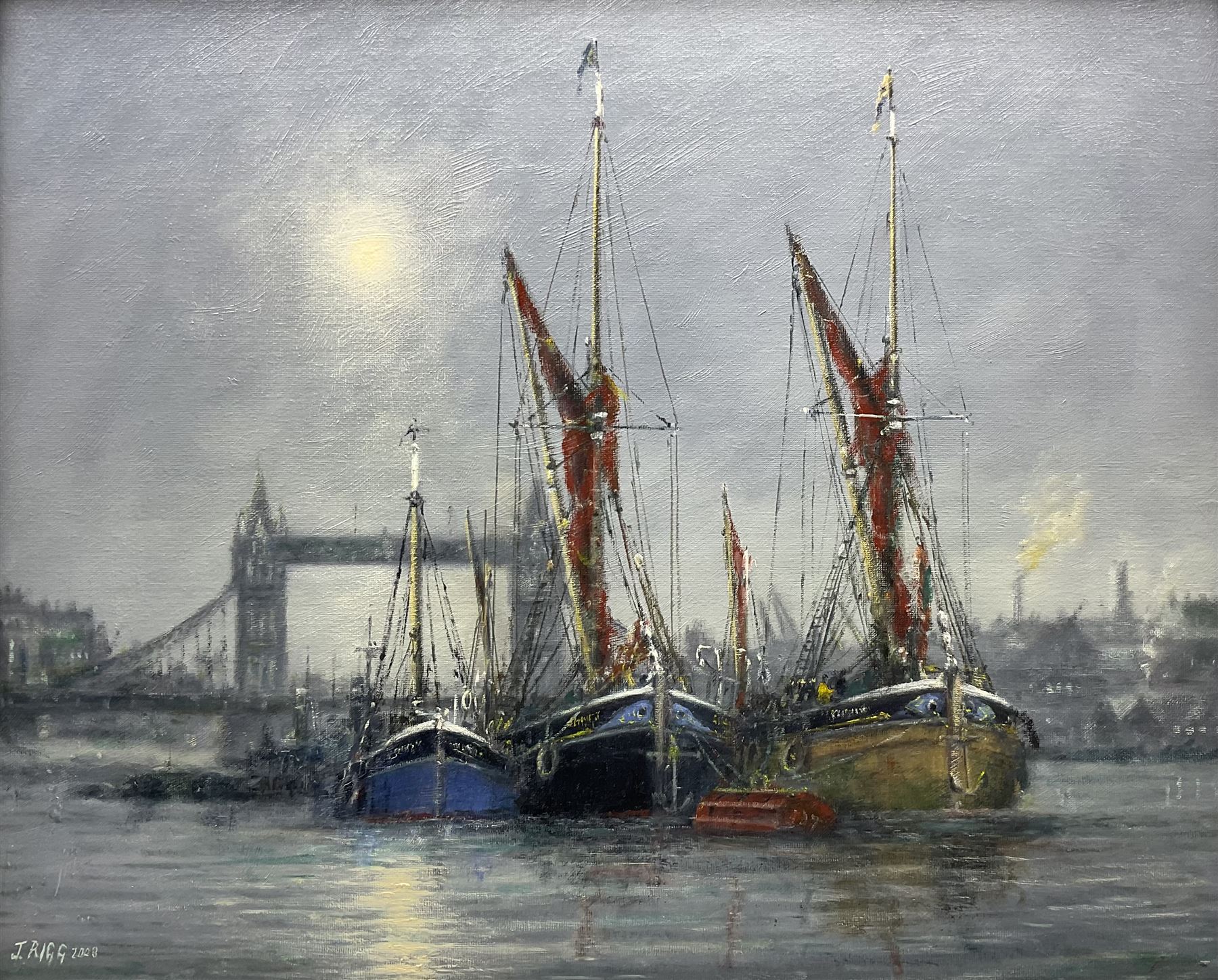 Jack Rigg (British 1927-2023): 'London River', oil on canvas board signed and dated 2008, titled verso 45cm x 55cm