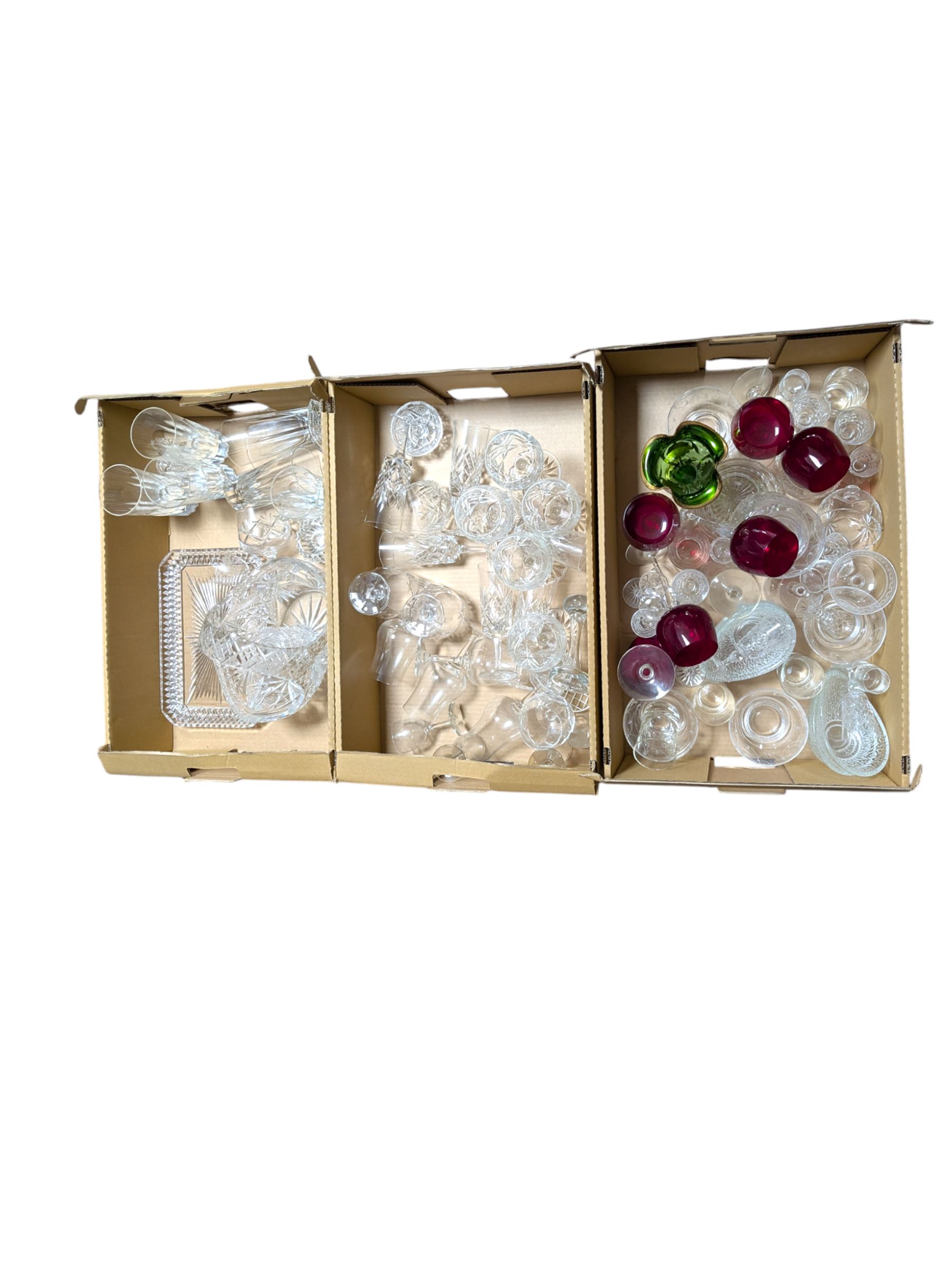 Large collection of glassware, including coloured and cut glass, in three boxes