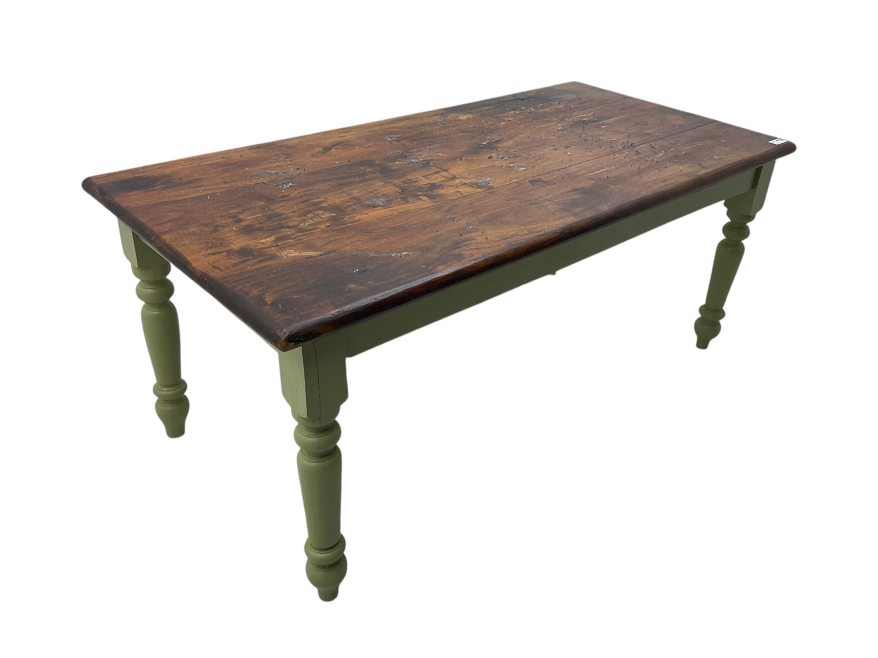 Hardwood dining table, rectangular top on laurel green painted base, fitted with turned supports 