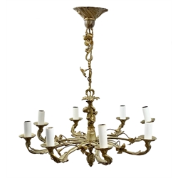Gilt bronze chandelier, in the 18th century taste, the central column modelled as a putti, supporting eight foliate detailed branches, overall H66cm