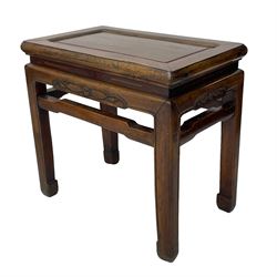 Pair of Chinese Hong Kong hardwood side tables, rectangular panelled top within moulded frame, the frieze rails carved with bats, on square supports terminating to hoof feet, united by shaped upper rails