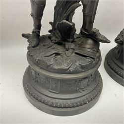 Pair spelter warriors, both with shields with a naturalistic ground and a plinth with relief decoration, H51cm