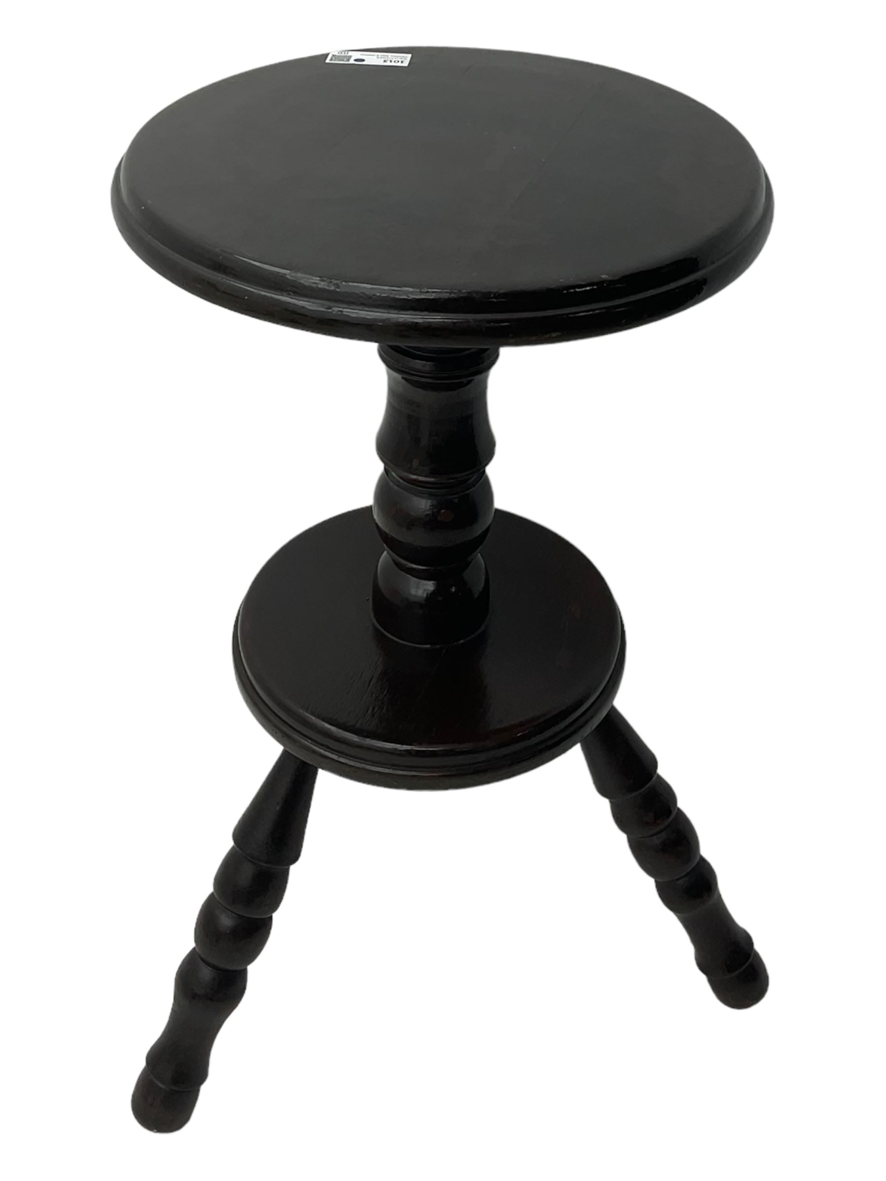 20th century 'primitive' design three-legged cricket table, circular moulded top on turned pedestal, circular moulded low platform over three turned and splayed supports 